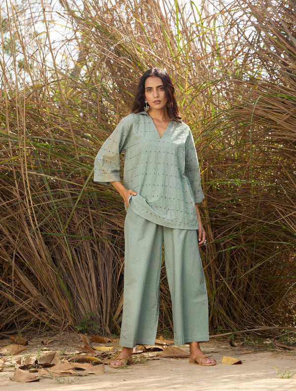 Blue Cotton Cutwork Embroidered Co-ord Set