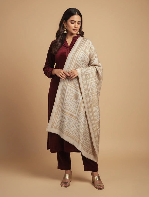 Beige Abstract Woollen Stole