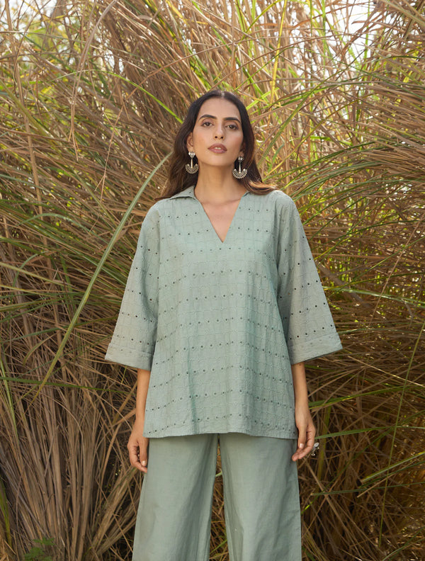 Blue Cotton Cutwork Embroidered Co-ord Set