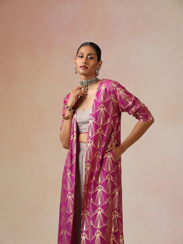 Grey and Pink Gold Foil Print Muslin Silk Jacket Set