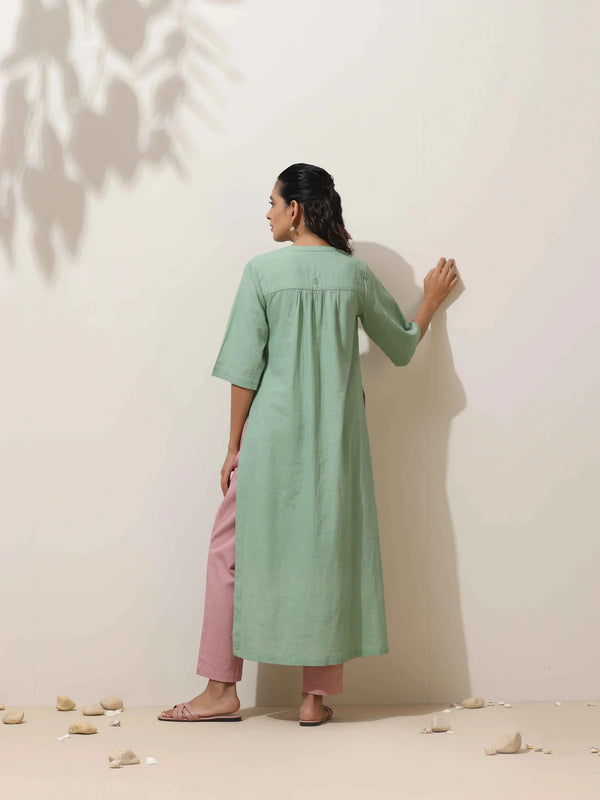 True Browns Mint Green Cotton Linen Kurta Pant Set